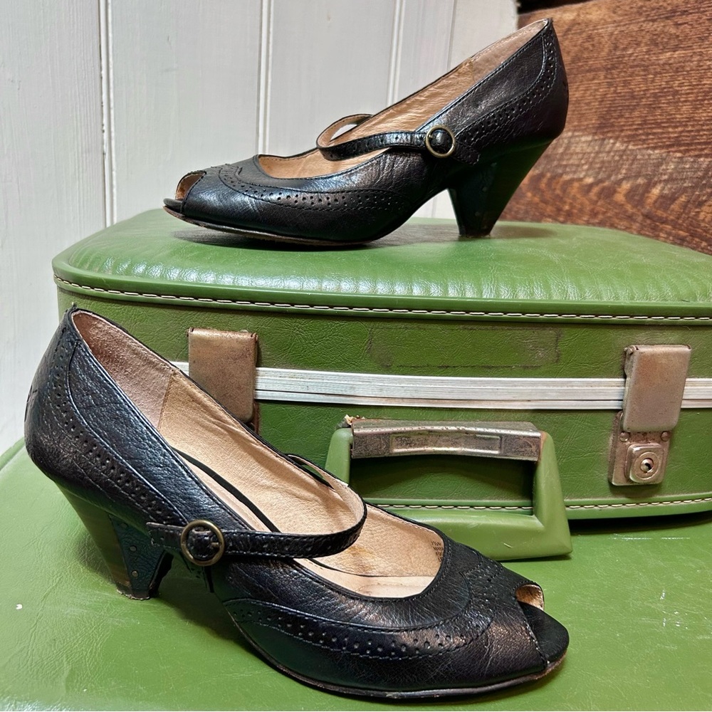 Frye Maya Mary Jane Leather Peep-Toe Heels w/ Stacked Wooden Heel & Brass Nails